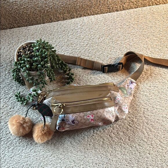 Designer LIKE Floral Tan Belt Bag with Pom Poms - Picture 2 of 12